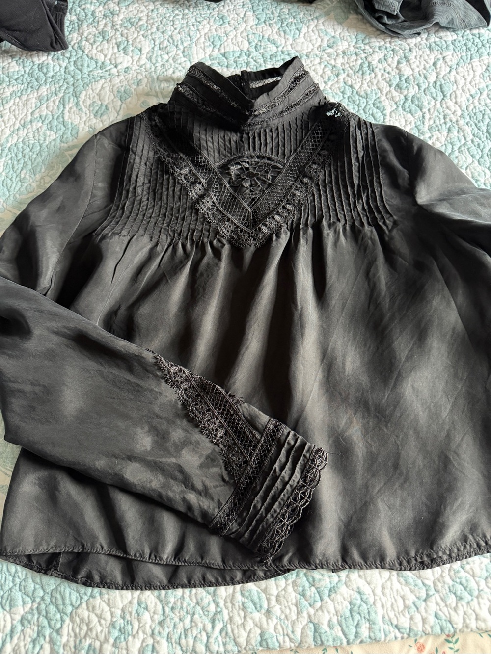 Zara Black Lace-Trim Victorian High-Neck Blouse